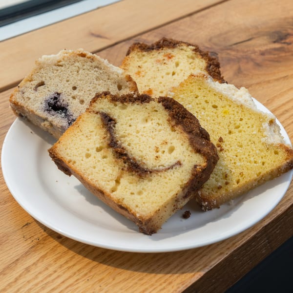 Four assorted slices of cake, including blueberry and cinnamon swirl, on a white plate on a wooden table.